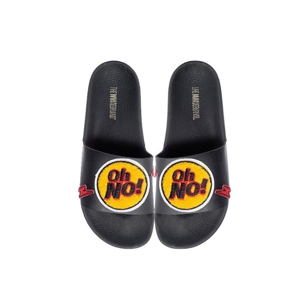 The White Brand “OH NO” Black Sandal Slip-On Slide